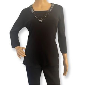 Requirements Medium Black V Neck Sweater With Pearl Beading
